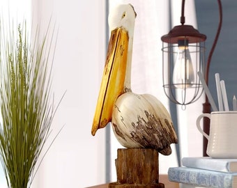 Realistic Pelican Bird Wood Sculpture Accent Coastal Decor Beach House