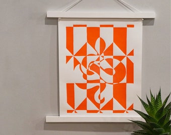 Gravure sur linoléum serpent | Décoration murale géométrique reptile 28 x 35,5 cm, motif faune orange