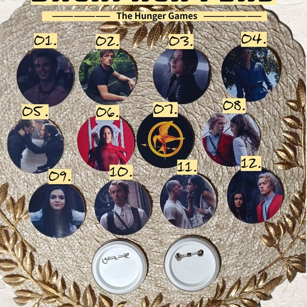 The Hunger Games, Katniss Everdeen, Peeta Mellark, Gale Hawthorne, Haymitch, Effie, movie | 12 PINS BUTTON 2.25inch