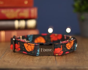 Night Flower Print Dog Collar, Personalized Laser Engraved Metal Buckle, Handmade in Texas.