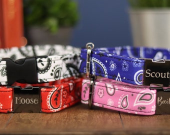 Bandana Style Dog Collar, Personalized Paisley Pattern, Handmade Laser Engraved Metal Buckle, Red, Blue, White, Pink Collar