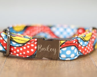 Retro Polka Dot Dog Collar, Personalized Laser Engraved Metal Buckle, Handmade in Texas.