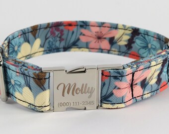 Texas Wild Flower Dog Collar, Personalized Laser Engraved Metal Buckle, Handmade in Texas.