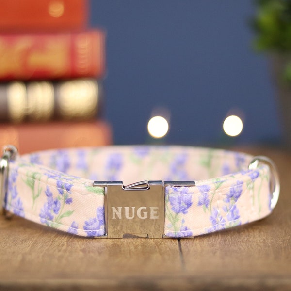 Texas Bluebonnet Dog Collar, Personalized Laser Engraved Dog Collar, Puppy Collar for Boy or Girl, Blue Flower Print Collar, Metal Buckle