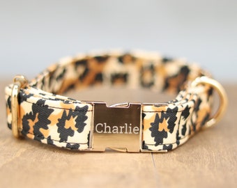 Leopard Skin Dog Collar, Personalized Laser Engraved Metal Buckle, Handmade in Texas.