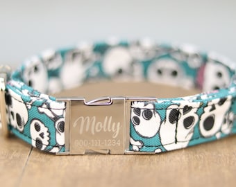 Skull Pattern Dog Collar, Personalized Laser Engraved Metal Buckle, Handmade in Texas.