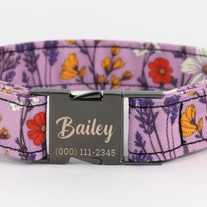 Purple Flower Power Dog Collar, Personalized Laser Engraved Metal Buckle, Handmade in Texas.
