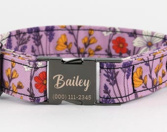 Purple Flower Power Dog Collar, Personalized Laser Engraved Metal Buckle, Handmade in Texas.