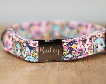 Kawaii Anime Art Dog Collar, Personalized Laser Engraved Metal Buckle, Handmade in Texas.