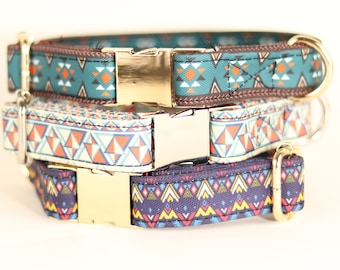 Aztec pattern Dog Collar, Personalized Laser Engraved Metal Buckle, Handmade in Texas.