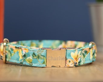 Texas Honeysuckle Floral Pattern Dog Collar, Personalized Laser Engraved Metal Buckle, Handmade in Texas.