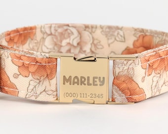 Peach Blossom Dog Collar, Personalized Laser Engraved Metal Buckle, Handmade in Texas.