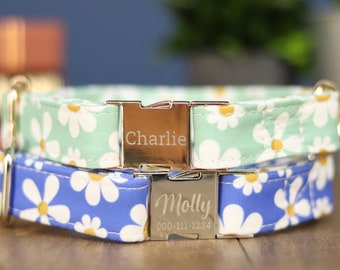 Daisy Floral Pattern Dog Collar, Personalized Laser Engraved Metal Buckle, Handmade in Texas.