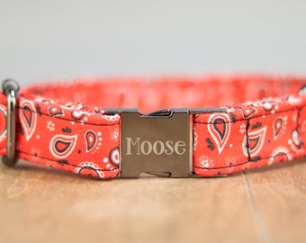 Red Paisley Bandana Dog Collar, Personalized Laser Engraved Metal Buckle, Handmade in Texas.