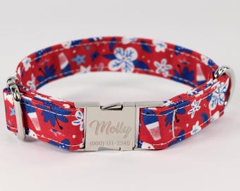 American Flag Floral Pattern Dog Collar, Personalized Laser Engraved Metal Buckle, Handmade in Texas.