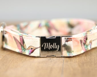 Hummingbird Dog Collar, Personalized Laser Engraved Metal Buckle, Handmade in Texas.
