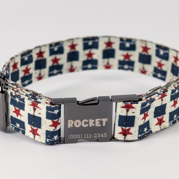 Amerikanische Flagge Hundehalsband: Personalisierte gravierte Metallschnalle, handgemacht