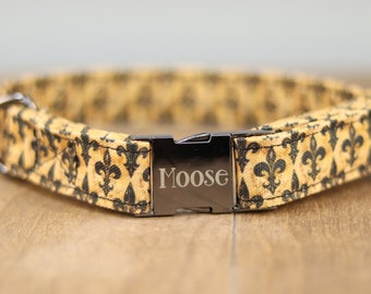 Fleur de Lis Dog Collar, Personalized Laser Engraved Metal Buckle, Handmade in Texas.