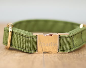 OD Green Cordura Dog Collar, Personalized Laser Engraved Metal Buckle, Handmade in Texas.