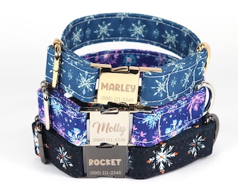 Snowflake Dog Collar, Personalized Laser Engraved Metal Buckle, Handmade in Texas.