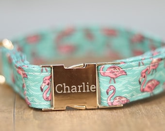 Pink Flamingo Dog Collar, Personalized Laser Engraved Metal Buckle, Handmade in Texas.