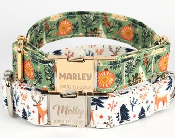 Christmas Tree and Reindeer Dog Collar, Personalized Laser Engraved Metal Buckle, Handmade in Texas.