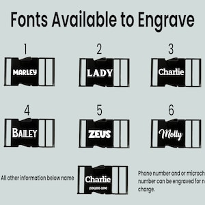May include: Six different font styles for engraving on black dog collar buckles. The fonts are shown with sample names like "Marley", "Lady", "Charlie", "Bailey", "Zeus", and "Molly".  The text "All other information below name" and "Phone number and or microchip number can be engraved for no additional charge." is also included.