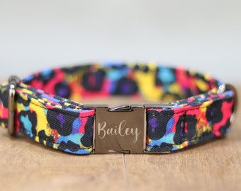 Neon Leopard Skin Dog Collar, Personalized Laser Engraved Metal Buckle, Handmade in Texas.
