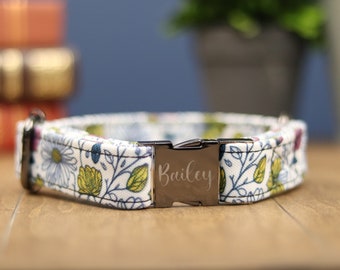 Texas Wild Flower Sketch Dog Collar, Personalized Laser Engraved Metal Buckle, Handmade in Texas.