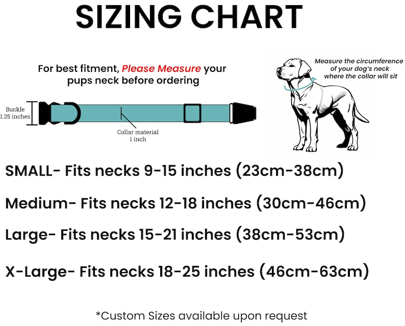 May include: Sizing chart for dog collars with measurements in inches and centimeters. The chart shows the collar size, neck circumference in inches and centimeters, and a diagram of a dog wearing a collar.