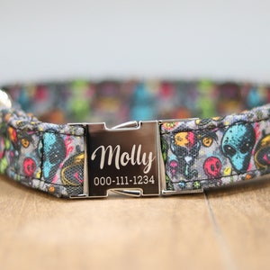May include: A gray dog collar with a colorful alien print and a silver buckle. The buckle is engraved with the name "Molly" and a phone number.