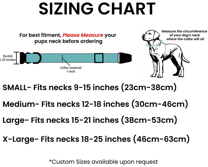 Op de afbeelding: Maattabel voor hondenhalsbanden met afmetingen in inches en centimeters. De tabel toont de halsbandmaat, de nek omtrek in inches en centimeters, en een diagram van een hond die een halsband draagt.