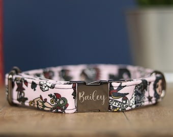 Pink Sailor Jerry Tattoo Dog Collar, Personalized Laser Engraved Metal Buckle, Handmade in Texas.