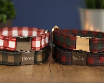 Flannel Print Dog Collar, Personalized Laser Engraved Metal Buckle, Handmade in Texas.