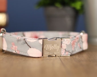 Cherry Blossom Dog Collar, Personalized Laser Engraved Metal Buckle, Handmade in Texas.