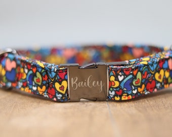 Heart Collage Dog Collar, Personalized Laser Engraved Metal Buckle, Handmade in Texas.