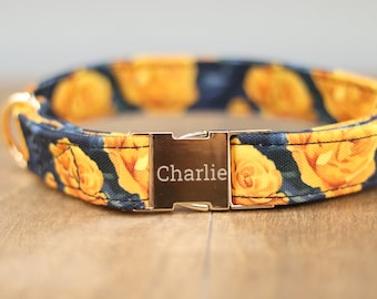 Yellow Rose of Texas Dog Collar, Personalized Laser Engraved Metal Buckle, Handmade in Texas