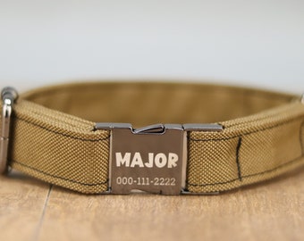 Coyote Tan Cordura Dog Collar, Personalized Laser Engraved Metal Buckle, Handmade in Texas.