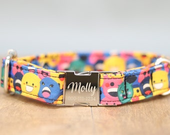 Emoji Theme Dog Collar, Personalized Laser Engraved Metal Buckle, Handmade in Texas.