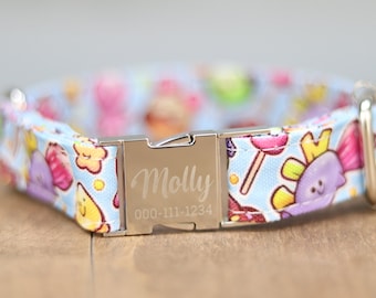 Happy Candy Dog Collar, Personalized Laser Engraved Metal Buckle, Handmade in Texas.