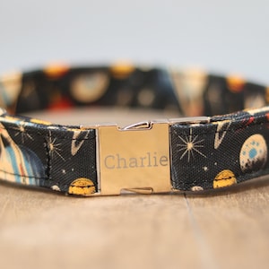 Retro Outer Space Themed Dog Collar, Personalized Laser Engraved Metal Buckle, Handmade in Texas.