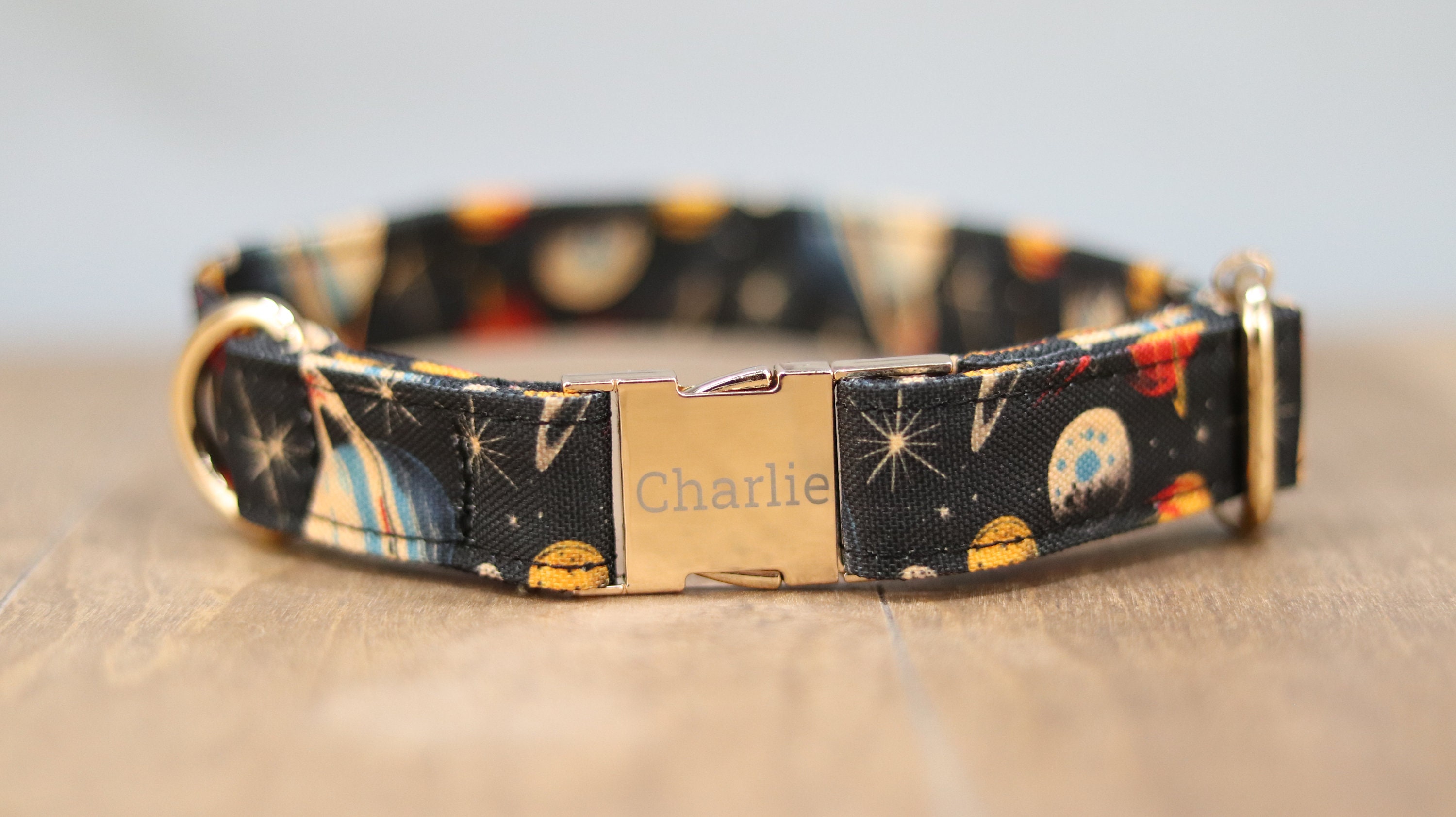 Retro Outer Space Themed Dog Collar, Personalized Laser Engraved Metal Buckle, Handmade in Texas.