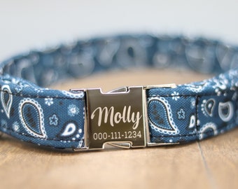 Teal Paisley Bandana Dog Collar, Personalized Laser Engraved Metal Buckle, Handmade in Texas.