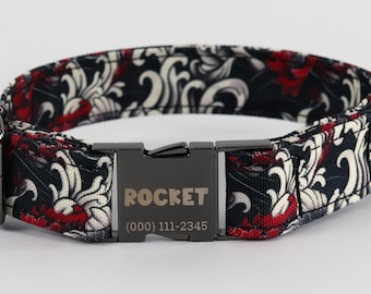 Japanese Traditional Tattoo Dog Collar, Personalized Laser Engraved Metal Buckle, Handmade in Texas.