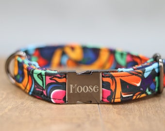 Graffiti Art Dog Collar, Personalized Laser Engraved Metal Buckle, Handmade in Texas.