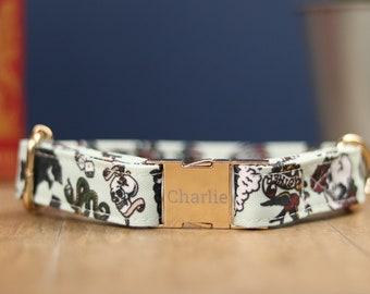 Mint Sailor Jerry Tattoo Dog Collar, Personalized Laser Engraved Metal Buckle, Handmade in Texas.