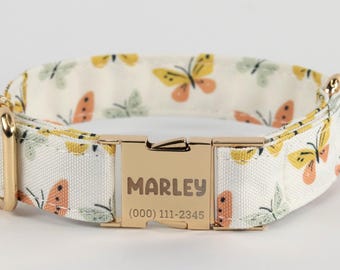 Butterfly Dog Collar, Personalized Laser Engraved Metal Buckle, Handmade in Texas.