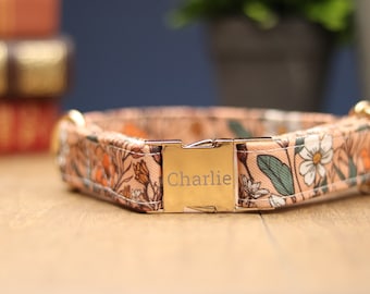 Peach Wild Flower Dog Collar, Personalized Laser Engraved Metal Buckle, Handmade in Texas.