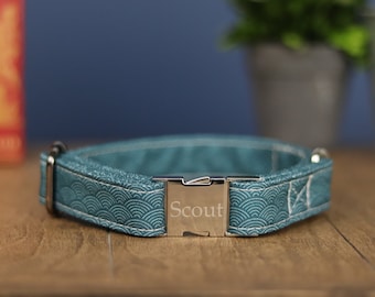Boho Wave Pattern Dog Collar, Personalized Laser Engraved Metal Buckle, Handmade in Texas