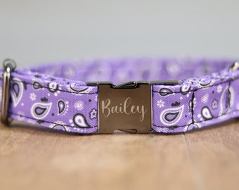 Lilac Paisley Bandana Dog Collar, Personalized Laser Engraved Metal Buckle, Handmade in Texas.